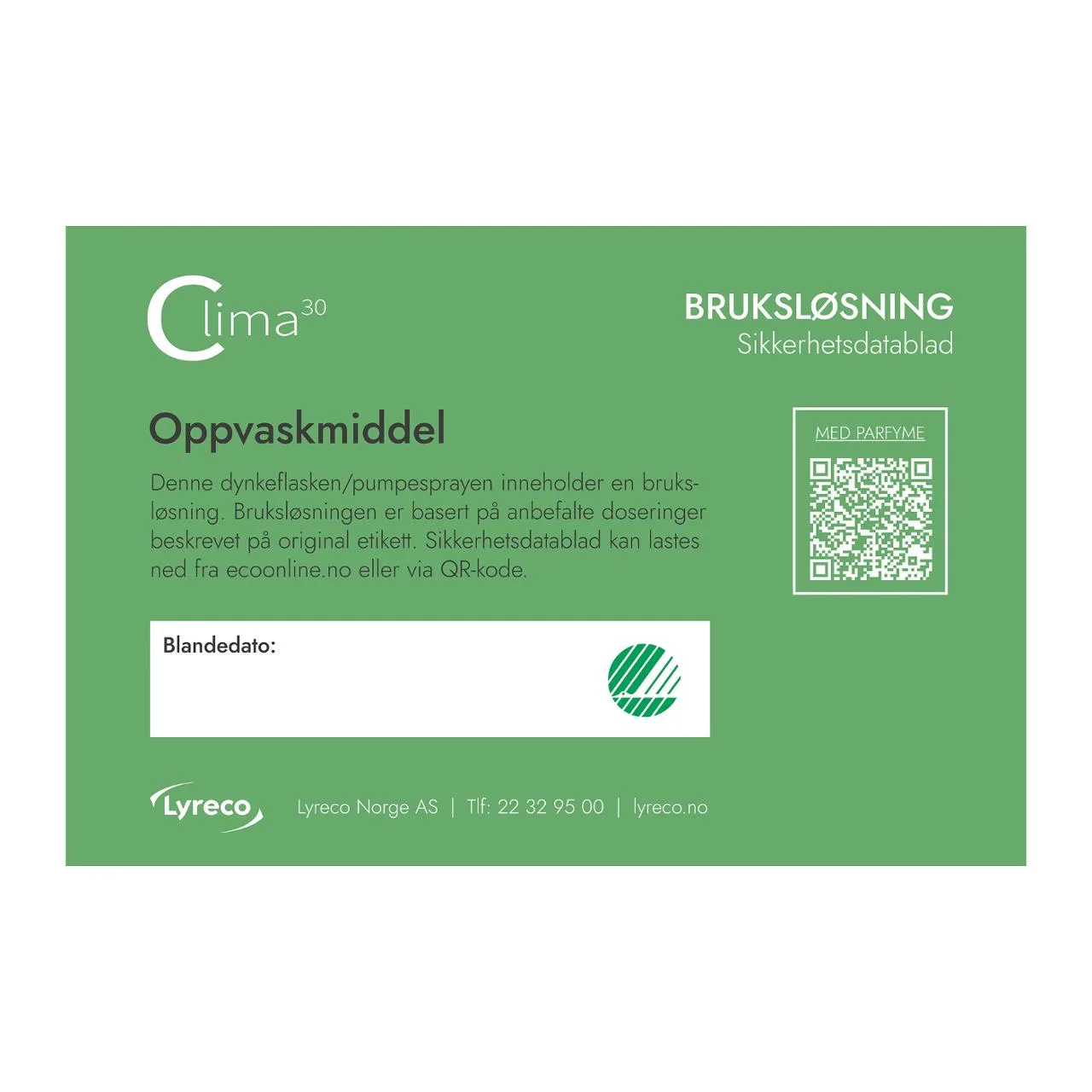 Bruksetikett CLIMA30 Oppvaskmiddel