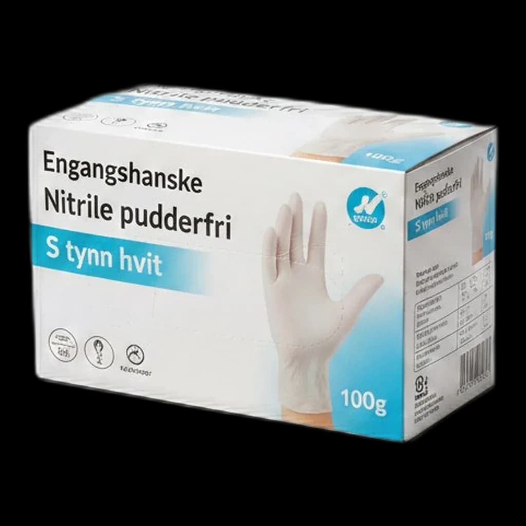 Engangshanske Nitrile pudderfri S tynn hvit (100 stk)